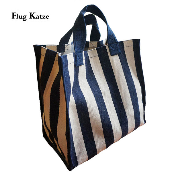 Flug Katze Women Beach Canvas Bag Fashion Stripes Canvas Handbags Ladies Large Shoulder Bag Totes Casual Bolsa Shopping Bags