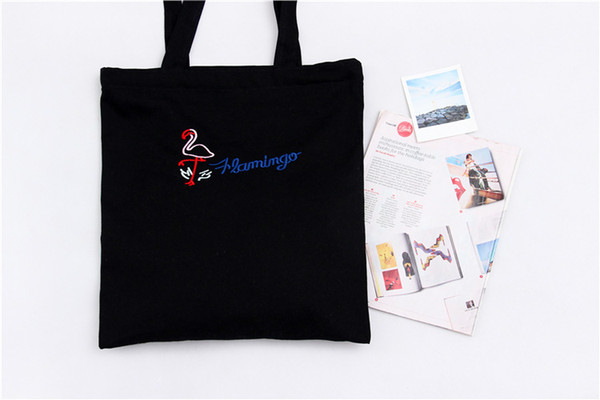 25pcs Women Shopper plegable Reusable embroidery flamingo Tote Bags Cotton Canvas Shopping Handbags Eco bags by goodfaithgirl free shipping