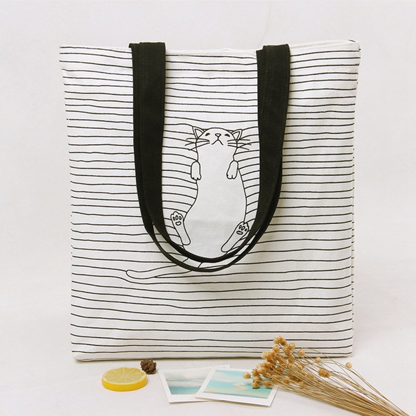 Cat Cartoon Shopping Bag Large Plaid Canvas Beach Tote Bag Eco Big Reusable Shopping Eco Foldable Handbags Girls Shoulder Bag S923