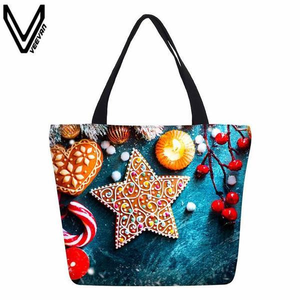 VEEVANV Nice Fashion Casual Style Christmas Bell Shopping Bag Snowman Hamburger High Quality Handbag Cartoon Canvas Woven Bag