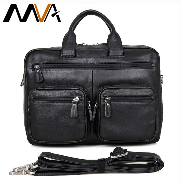 Wholesale- MVA Leather Laptop Bag 14 inch Business Men Briefcases Handbags Genuine Leather Men Bag Male Shoulder Messenger Bags Portfolio