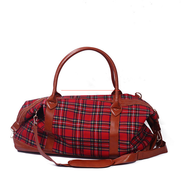 Plaid Large Capacity Weekend Bag Vintage Fashion Xmas Duffle Bag with PU Faux Leather Overnight Tote Bag DOM103398