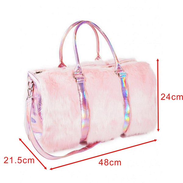 Soft Rainbow Travel Bag Laser Faux Fur Luggage Bag Personality Handbag Travel Tide Female Colorful Hair