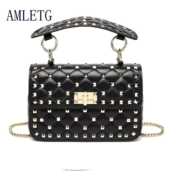 Genuine Leather Rivet Shoulder Bags for Women 100% Sheepskin Ladies Fashion Chain Crossbody Bag Luxury Designer Apricot Clutches