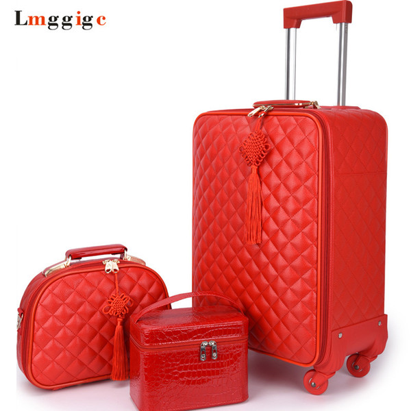 Women 's Travel Rolling Luggage Suitcase bag set,Red Waterproof PU leather Bag with Wheel ,20