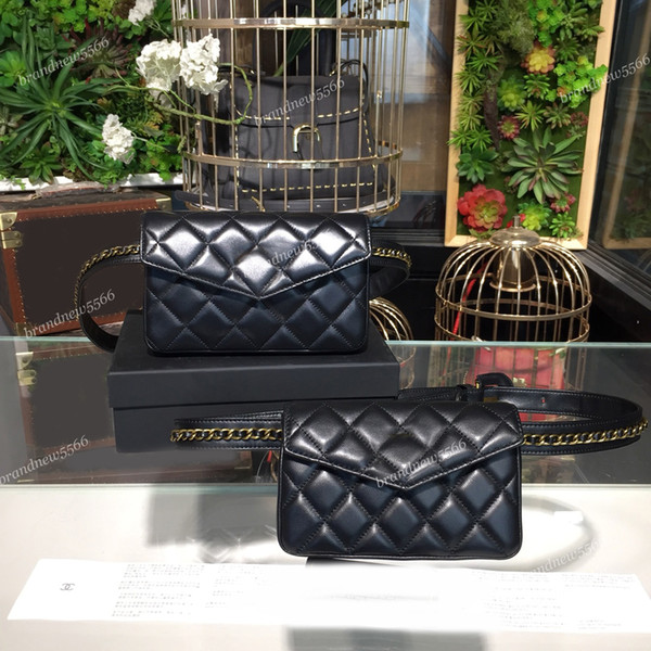 Excellent Quality 2018 Lambskin Quilted Waist Bags Black Female Chain Around Strap Leather Pocket Small Purse Gold Hardware 15cm 180cm