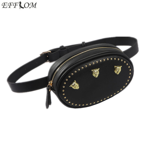 Fashion Women Waist Bag Designer Tiger Head Studded Leather Fanny Pack Women 2018 New Summer Functional Bum Chest Belt Bag Round