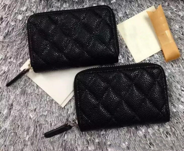 2019 New Classic Lambskin Caviar Zipper Small Purse Card ID Holder Black Women Wallet Top Grade Genuine Leather Wallet