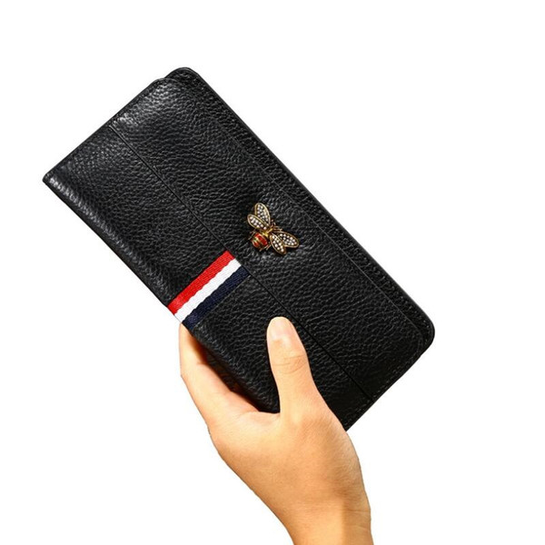 2019 Women Designer Genuine Leather Long Wallet Famous Brands Bee Purse Ladies Long Leather Wallet Luxury Female Tri-color Bag