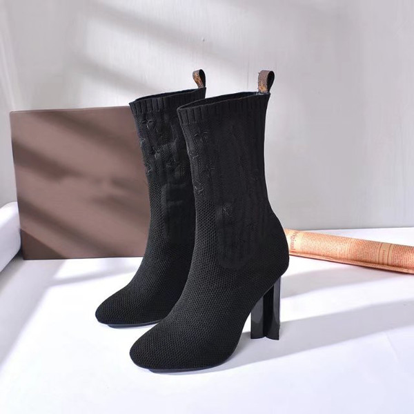 [Original Box]New Luxury Womens Ankle Hlaf High Heel 10CM Woolen Sock-like Booties Ladies High Top Boots Aftergame Quincunx Heel Size 35-40