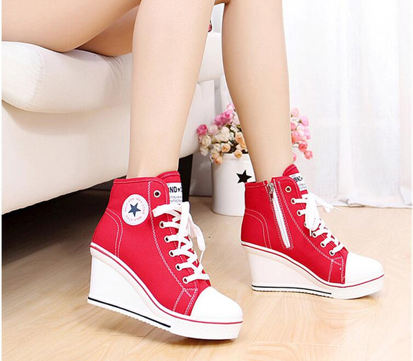 2017 Women Platform Wedges High Top 8cm Height Increased Thick Soled Elevator Canvas Zippers Shoes Woman Hidden Boots Ladies Casual Heels