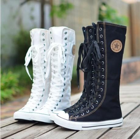 Wholesale-2016 Adult Fashion Gothic PUNK Women Boots Women Knee High Zip Laces Up Canvas Boots