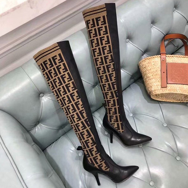 New 2018 Women Brand Luxury Designer Knee Fashion Boots Triple Yellow Womens Thigh High Sock Boot Casual shoes With Box