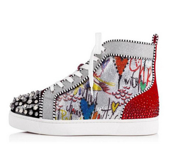 Hot Sell Men Women Luxury Shoes Red Bottom Sneakers high-top Print Silver Pik Pik No Limit RARE studs rhinestones graffiti Brand Shoes