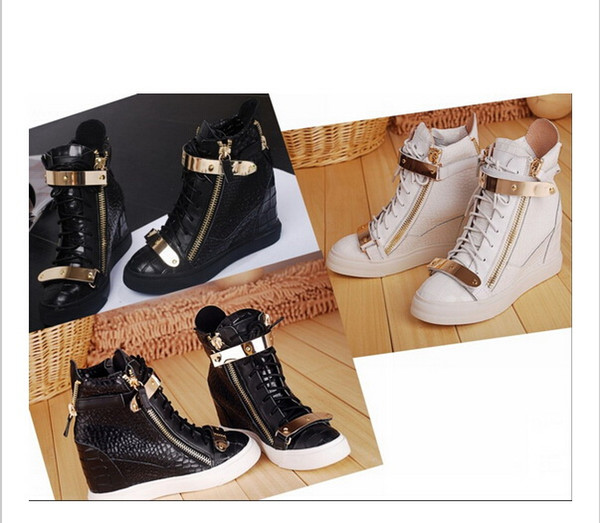 Hot Brand Women Casual Wedges Platform High Top Sneakers White /black Stone Pattern Within the higher Shoes Double iron Zipper Lace up Boots