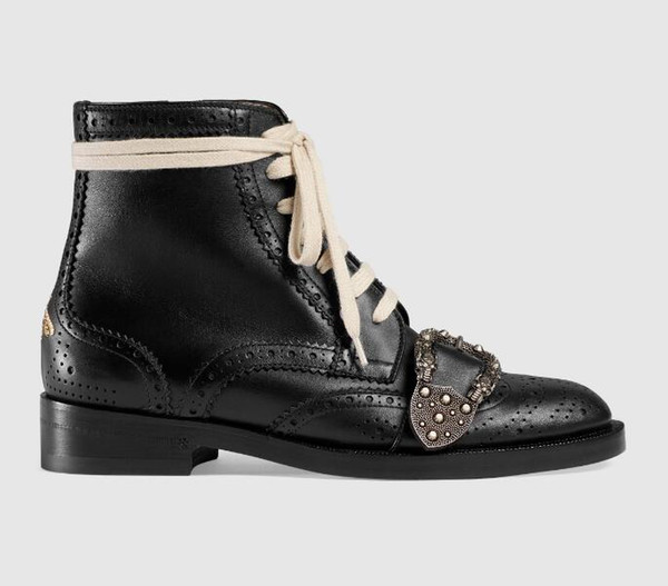 Women Genuine Leather Queercore Brogue Boot Punk Tiger Head Buckle Embellished Leather Ankle Boots Black Bee Shoes