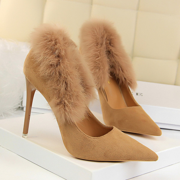 Rabbit Fur Lady Dress Shoes PU Leather Pointed Toe High Heels Festival Party Wedding Shoes Formal Pumps Women Pumps Heels GWS315