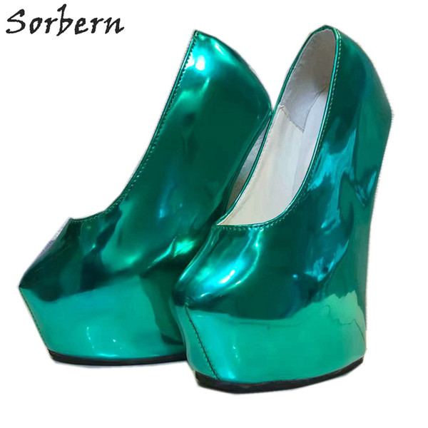 Sorbern Non Heels Women Pumps Shoes Platform Slip On Deep Green Ladies Party Pumps Patent Leather T High Heels For Night Club