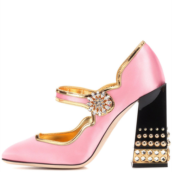 Brand New Design Lolita Style Pink Satin Mary Jane Shoes Thick Chunky Jewelry Heel Rhinestone Buckle Women Pumps