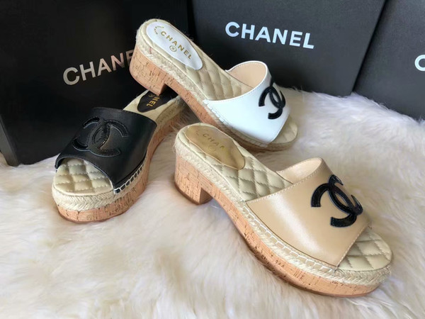 Top Quality Luxury Letter high-heel Shoes slippers Lambskin leather Fashion Woman Espadrilles Thick heel Shoes sandals 35-41 With Box