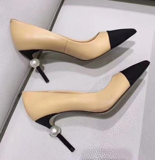 Designer Women Goatskin Grosgrain Pumps Leather Pearl High Heels OL Dress Shoes Lady Beige White Black Single Shoes Original Box