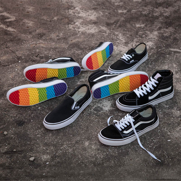 2018 Old Skool DT Canvas Shoes Sk8-Hi Slip-on 2018 Fashion Deisgner Black White Rainbow Sole Casual Shoes Without Box