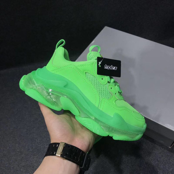 Designer Triple S Casual Shoes Men Green Triple S Sneaker Women Leather Casual Shoes Low Top Lace-Up Casual Flat Shoes With Clear Sole