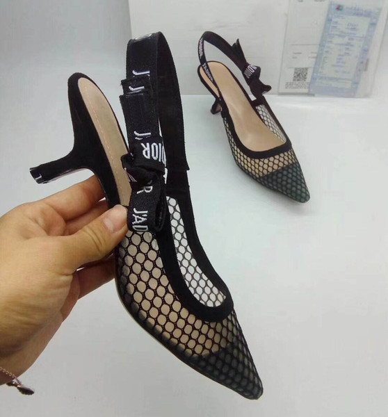 Summer 2018 Brand design kitten heel Slingback pump Bow Letter Bandage High Heel Shoes woman slingback Pointed Toe air net Gladiaor Sandals