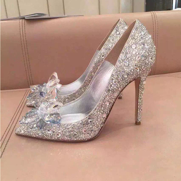 Top Grade Cinderella Crystal Shoes Bridal Rhinestone Wedding Shoes With Flower Genuine Leather Big Small Size 33 34 To 40