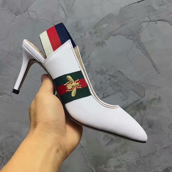 New fashionable women's high heels in 2019 Ribbon embroidery honeybee Back space Women's dress shoes Heel height 7.5cm size 35-40