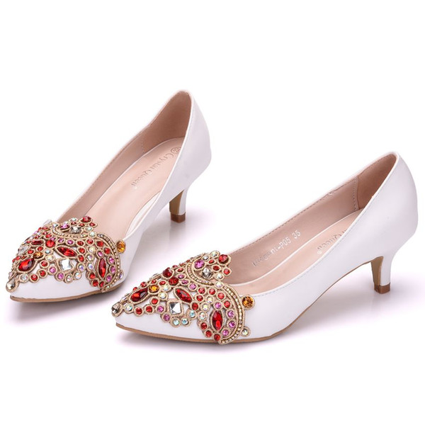 New Fashionl White pointed toe shoes for women 5cm heels Rhinestone Flowers wedding shoes small thick heel shoes Plus Size