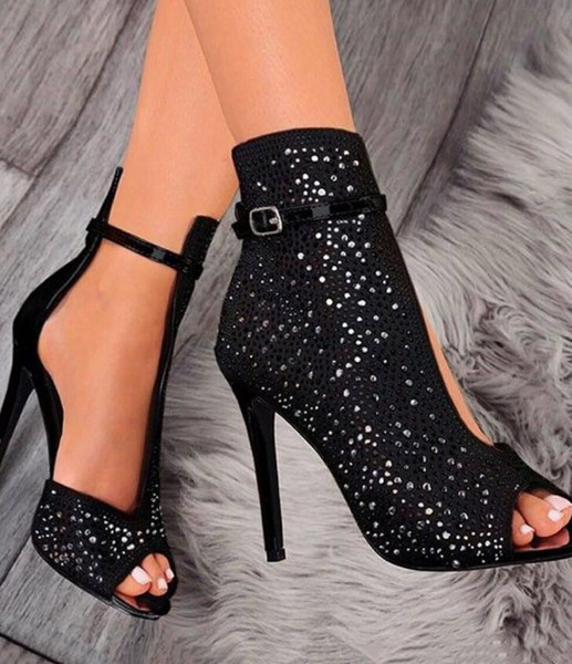 11cm black rhinestone peep toe ankle bootie fashion luxury designer women shoes ladies high heels pumps size 35 to 40