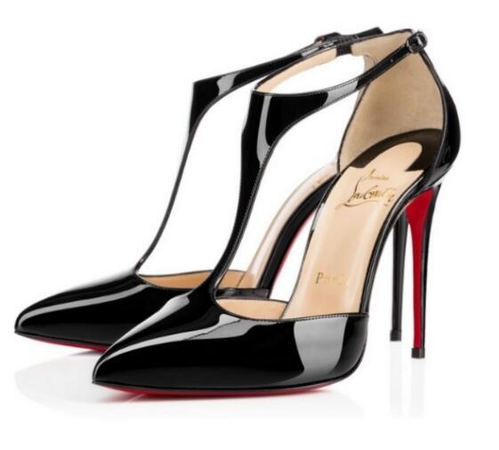 Brand new sexy T-strap wedding shoes red sole women pointy patent leather 12 cm stiletto high heel dress high-heeled red bottom pumps