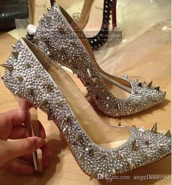 Fashion Hot Sales Luxury Brand Women Red Bottom Rhinestone High Heels Sexy Rivets Spiked Pointed Toes Women Wedding Dress Shoes size 34-45