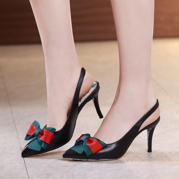 New arrivals designer women pointed toe black leather with bowtie high heels,brand sexy slingbacks wedding dress shoes 35-41