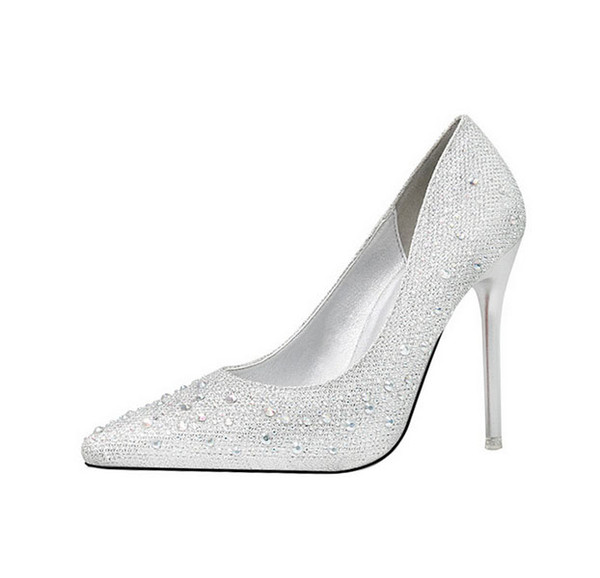 Fashionable and lovely elegant fine heel high heel shallow show thin pointed color diamond party shoes