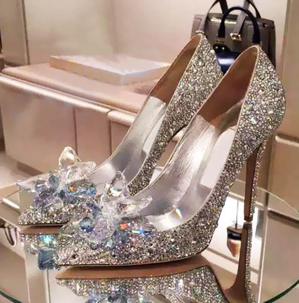 2018 New Fashion women Top Grade Cinderella Crystal Shoes Bridal Rhinestone Wedding Shoes With Flower Genuine Leather Big Small Size 33 to40