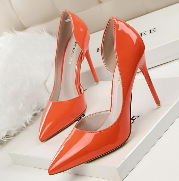 new Free Shipping 2018 Arrival Concise Solid Patent Leather Shallow Women Pumps Sexy Cut-Outs Pointed Toe High Heels 10cm Shoes