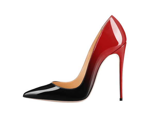 Sexy Gradient Color Shallow Mouth High Heels AAA Shoes Red Bottom Lady Pointed Toe Leather 12cm Stiletto Heel Pumps Big Size 34-46