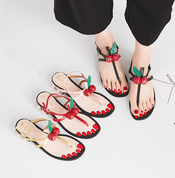 Women's sandals New pearl Cherry sandals European style Word thick with Soft bottom Colorblock Buckle Backspace Women's shoes