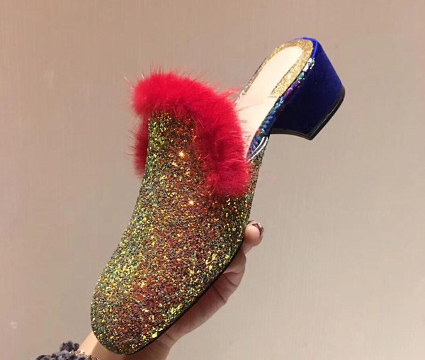 2018ss Fashion Real Pictures fall spring ladies shiny pink gold Glitter slip on fur trim mule low heel Loafers slippers Luxury brand shoes