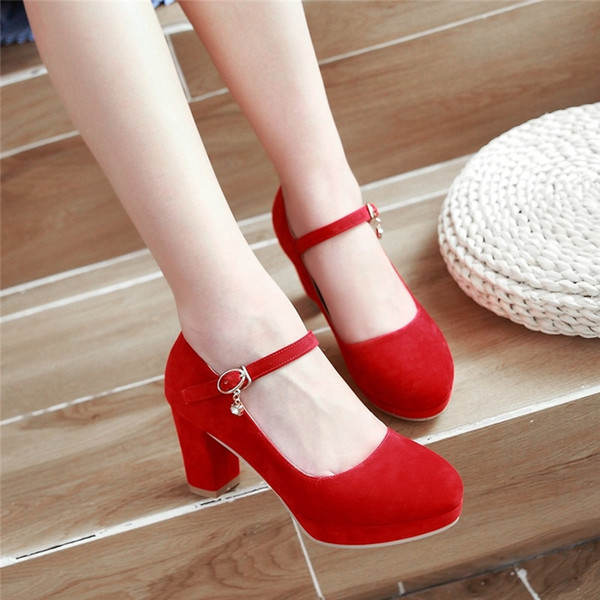 Fashion Lady's Office Dress Mary Jane Shoes Red Black Blue Flock High Heels Pumps Large Size Female 2018 Buckle Pumps