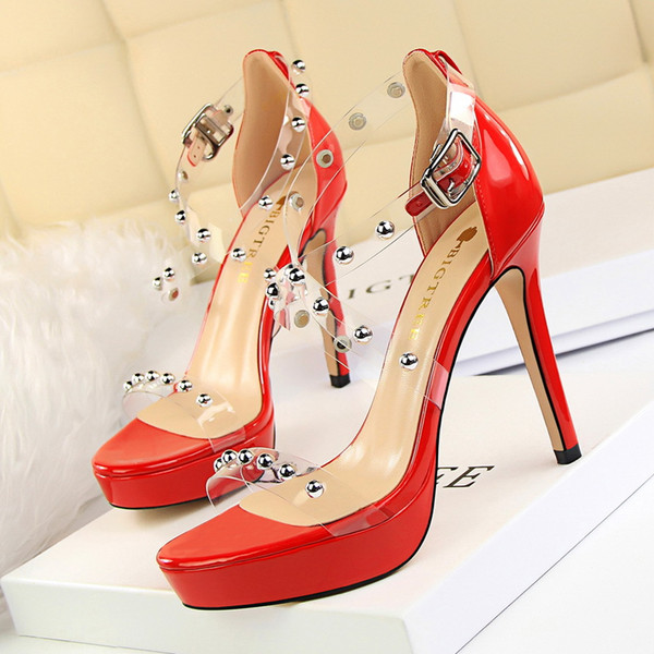 Buckle Rivets Sandals Women Pumps Heels PU Leather Open Toe Thin High Heels Festival Party Wedding Shoes Formal Pumps Sandals GWS210