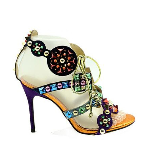 sandalias mujer 2018 New fashion colorful rivets high heel sandals punk style lace up sexy open toe party shoes woman