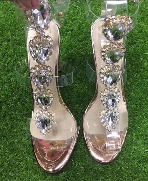 Luxury design women diamond sandals PVC transparent straps open toe thin high heels fashion runway party wedding prom shoes