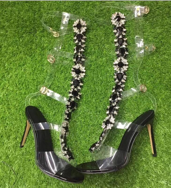 Black Gemstone Luxury Sandals Women Gladiator Cut Outs Rhinestone High Heels Buckle Strap Open Toe Stilettos Fashion Design Sandal Boots