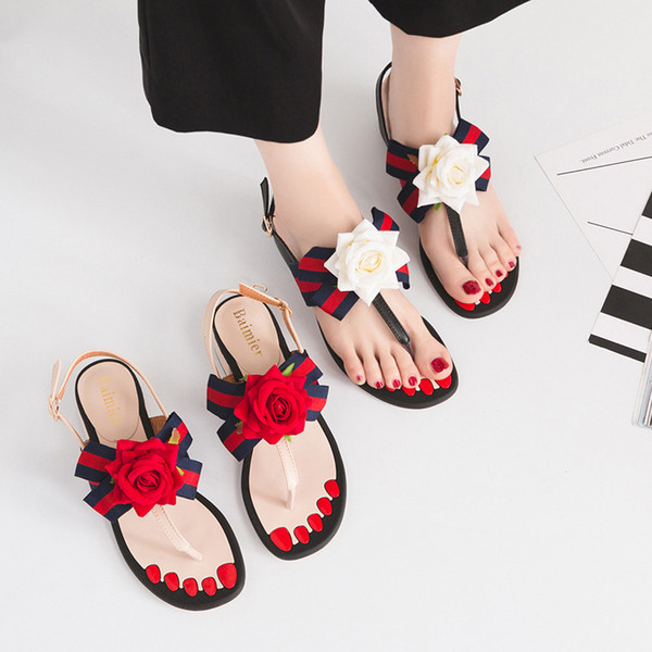 HOT! Europe America Fashion women sandals Party with bowknot thong ribbon flowers flat Women sandals