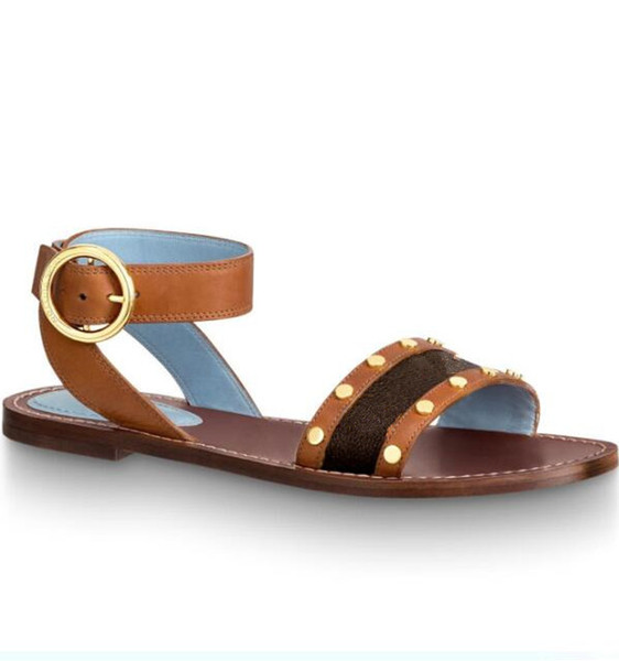 Branded Women Leather Passenger Flat Sandal Designer Canvas Adjusted Ankle Strap Buckle Leather Outsole Casual Sandal