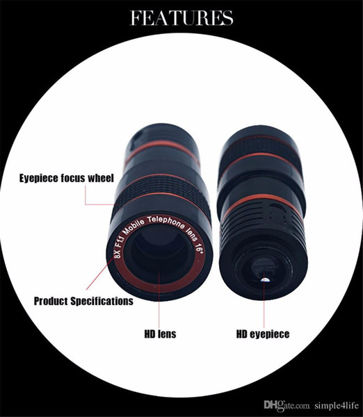 Camera Lenses 8X Zoom Telescope Lens Fish eye Wide Angle Macro Lens For Samsung Galaxy note 3 4 5 iPhone 6 6s 7 Cell Phone Cases