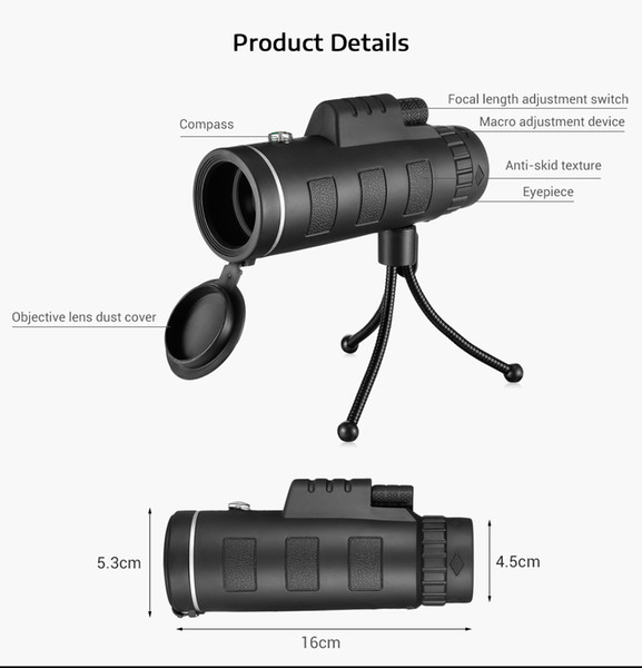 40X60 BAK4 Monocular Telescope HD Mini Monocular Outdoor Hunting Camping Scopes With Compass Phone Clip Tripod Waterproof